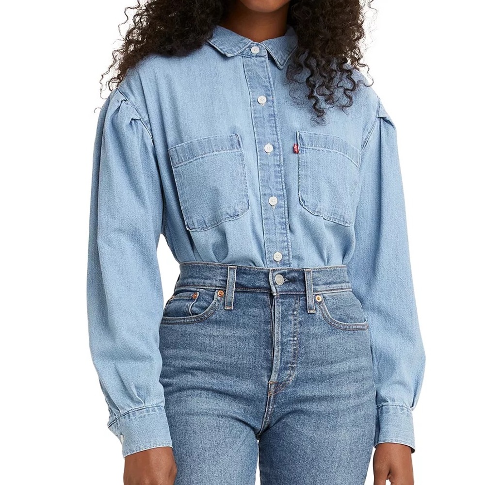 Levi's Kinsley Cotton Denim Puff Sleeve Utility Shirt- XL